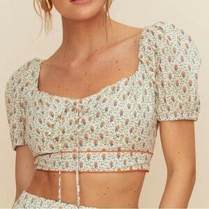 Kourt Cropped Floral Puff Sleeve Cotton Blouse Sz. L